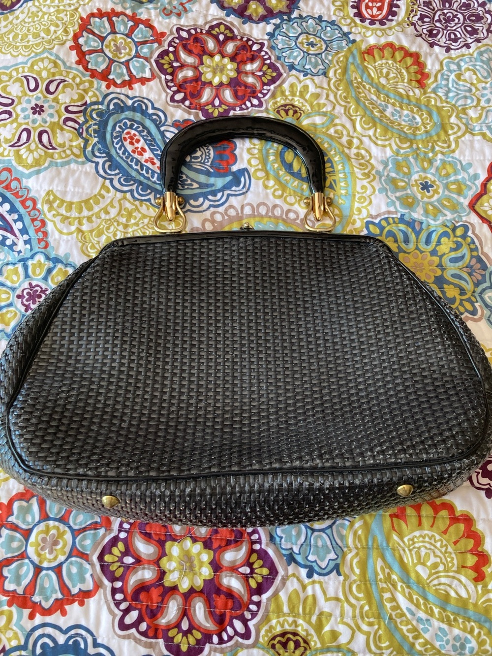 Structured Woven Top-Handle Satchel in Black with Gold Accents